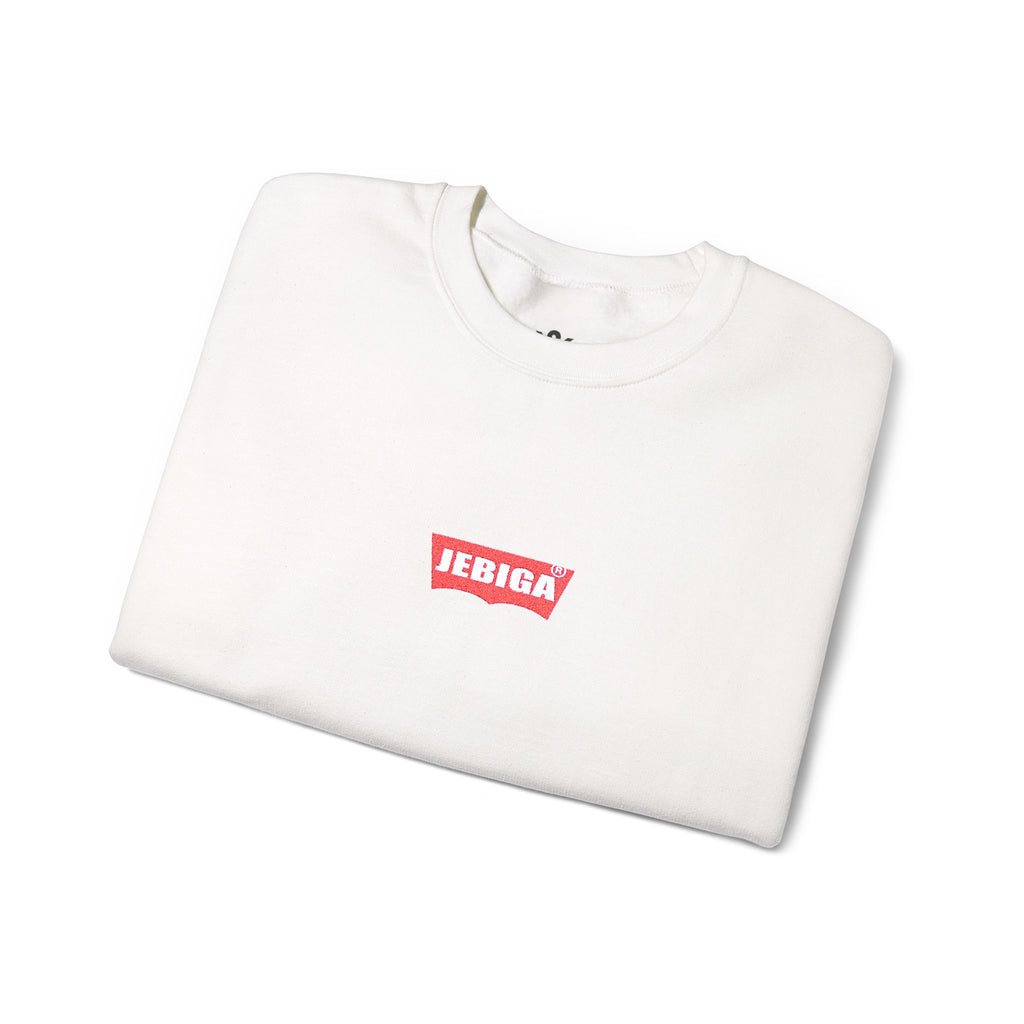 Minimalist White Crewneck Sweatshirt with Small Red Graphic