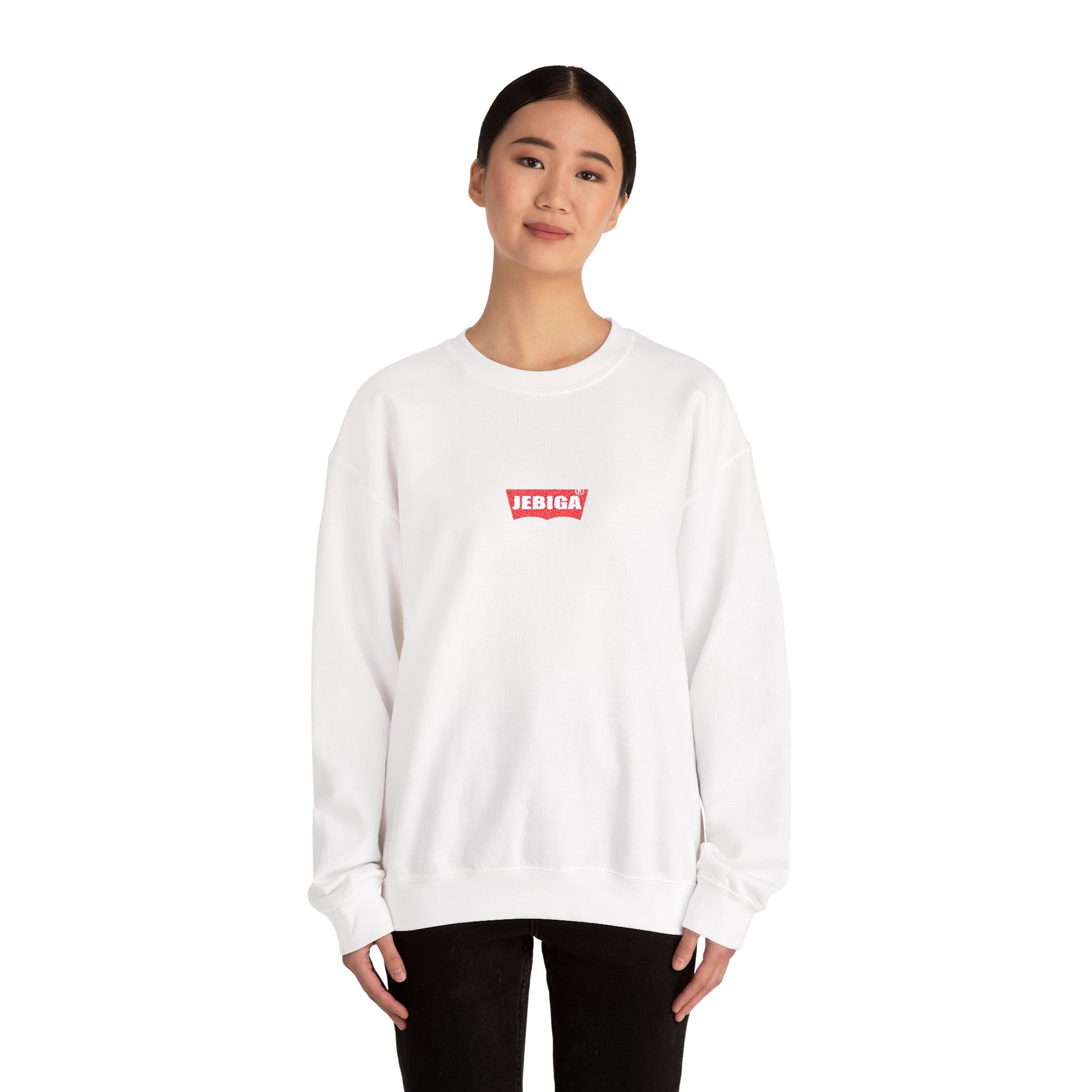 Minimalist White Crewneck Sweatshirt with Small Red Graphic