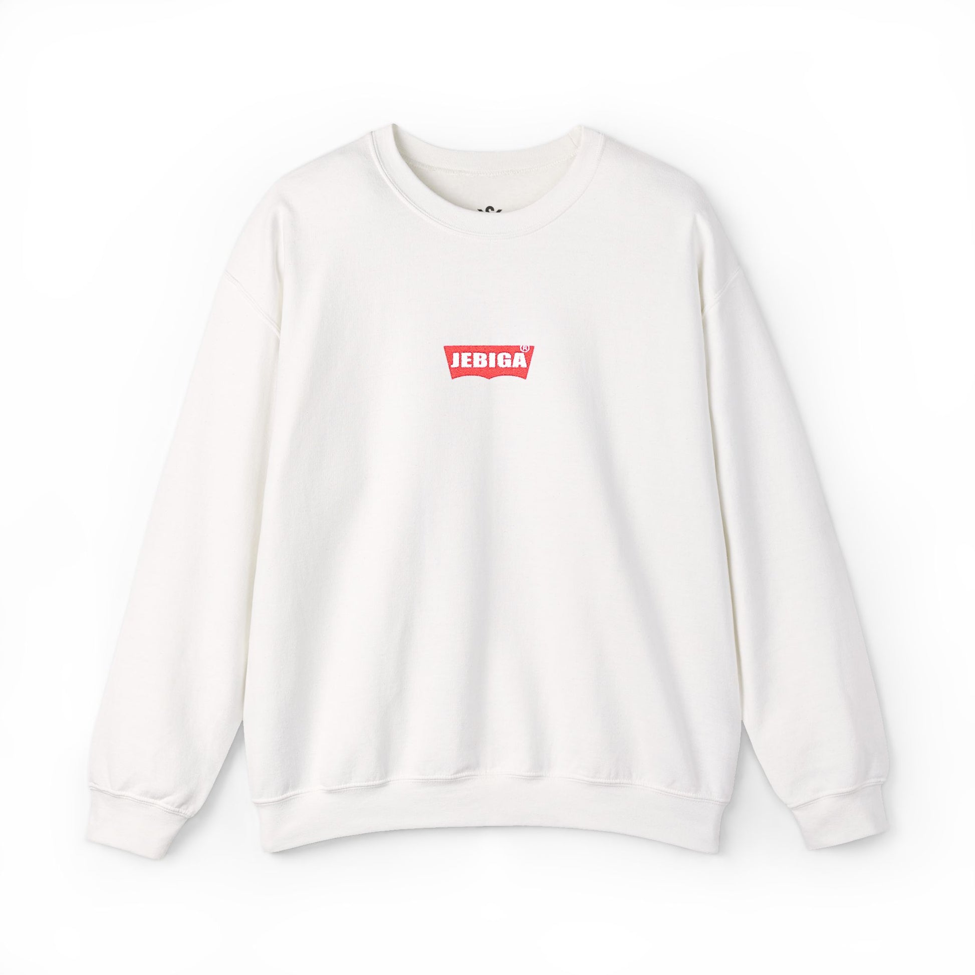 Minimalist White Crewneck Sweatshirt with Small Red Graphic
